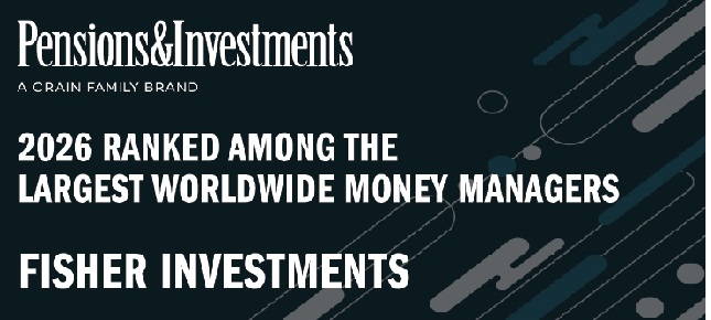 A dark blue horizontal badge with white text reading “Pensions & Investments, 2026 Ranked Among the Largest Worldwide Money Managers, Fisher Investments”