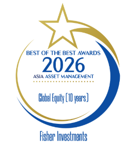 Circular blue and gold badge with blue text reading "Best of the Best Awards 2026 Asia Asset Management Global Equity (10 years)". Below it says "Fisher Investments" in blue.