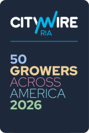 Dark navy rounded rectangle badge with teal and yellow text reading "Citywire RIA 50 Growers Across America 2026"
