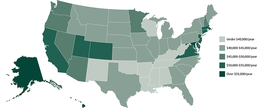 Illustration of the United States of the median income of people over 65