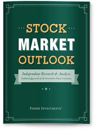 A dark green book cover with a title that reads "Stock Market Outlook." There is a sub-banner stating "Independent Research & Analysis. Published Quarterly by the Investment Policy Committee" ending with a fisher investments logo at the bottom.
