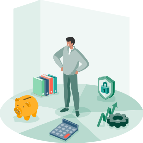 Illustration of a person in a circle surrounded by things to think about when making a plan