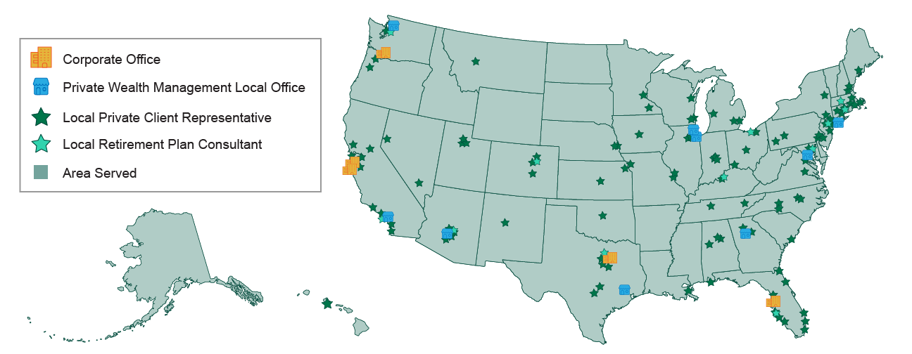 The US map with all of fisher investments outside sales person starred in the map