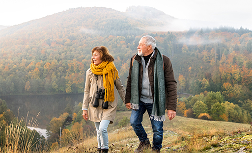 Couple holds hands walking on a hillside with mountains in the background