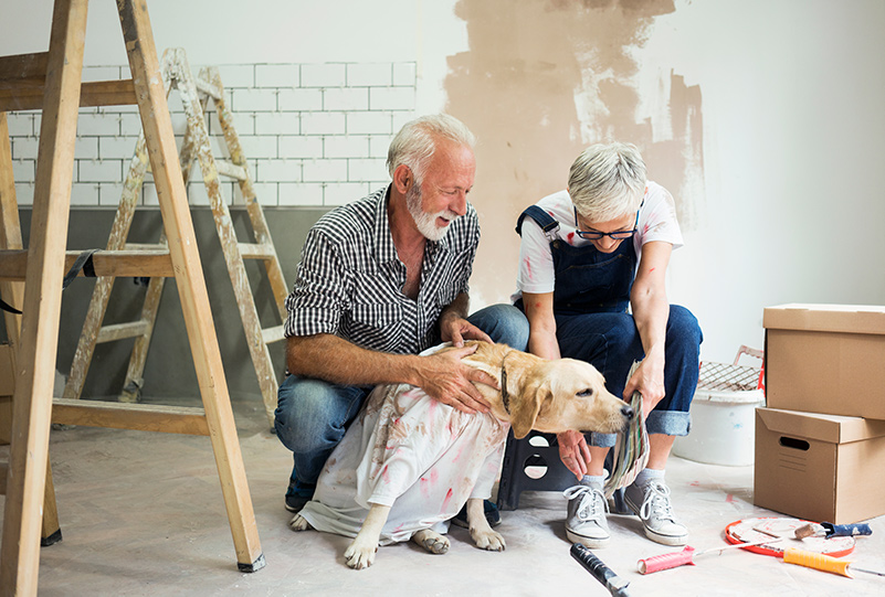 Couple are crouched next to their dog in a room that they are re-modeling