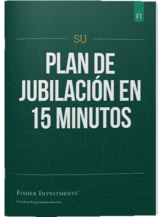 Una portada de libro en verde oscuro con el título "Su plan de jubilación en 15 minutos". En la parte inferior de la portada figura el logotipo de Fisher Investments.