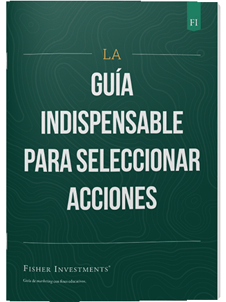 Una portada de libro en azul oscuro con el título "La guía indispensable para seleccionar acciones". En la parte inferior de la portada figura el logotipo de Fisher Investments España.