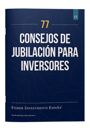 Una portada de libro en azul oscuro con el título "77 consejos de jubilación para inversores". En la parte inferior de la portada figura el logotipo de Fisher Investments España.