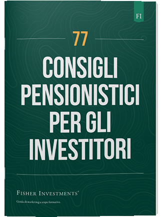 Una copertina verde scuro con un titolo che recita "77 consigli pensionistici per gli investitori". La copertina termina con il logo Fisher Investments in basso.