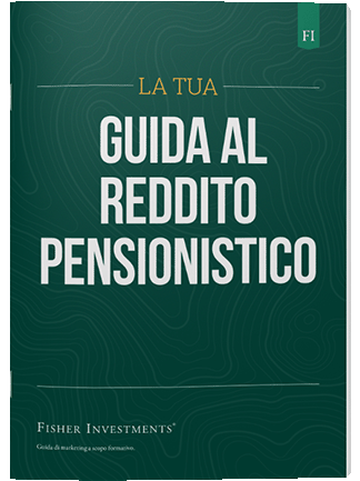 Una copertina verde scuro con un titolo che recita "La tua guida al reddito pensionistico". La copertina termina con il logo Fisher Investments in basso.