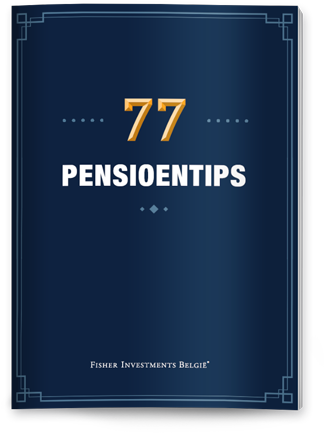 Een donkerblauwe kaft met de titel "77 pensioentips". Onderaan de kaft staat een Fisher Investments België logo.