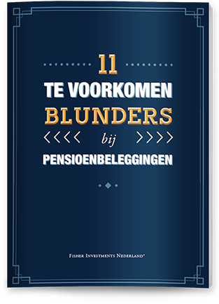 Een donkergroen kaft met de titel ‘11 te voorkomen blunders bij pensioenbeleggingen’. Onderaan de kaft staat een Fisher Investments logo.