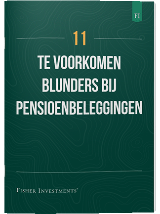Een donkergroen kaft met de titel ‘11 te voorkomen blunders bij pensioenbeleggingen’. Onderaan de kaft staat een Fisher Investments logo.