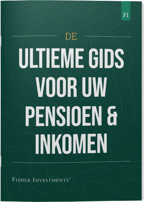 Een donkergroen kaft met de titel ‘De ultieme gids voor uw pensioen en inkomen’. Onderaan de kaft staat een Fisher Investments logo.