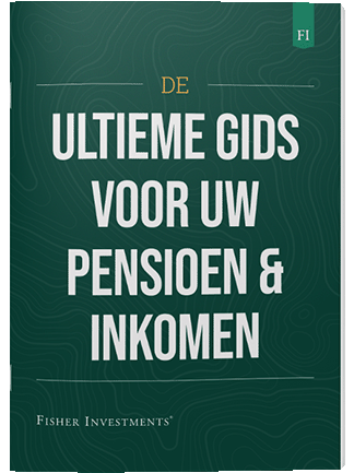 Een donkergroen kaft met de titel ‘De ultieme gids voor uw pensioen en inkomen’. Onderaan de kaft staat een Fisher Investments logo.