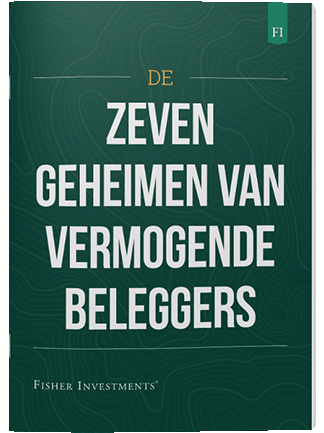 Een donkergroen kaft met de titel ‘De zeven geheimen van vermogende beleggers’. Onderaan de kaft staat een Fisher Investments logo.