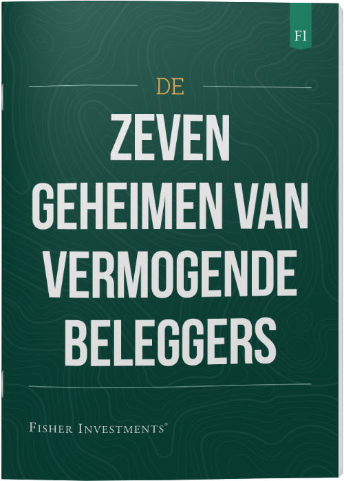 Een donkergroen kaft met de titel ‘De zeven geheimen van vermogende beleggers’. Onderaan de kaft staat een Fisher Investments logo.