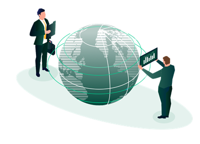 Illustration of 2 men wearing suits standing next to the world