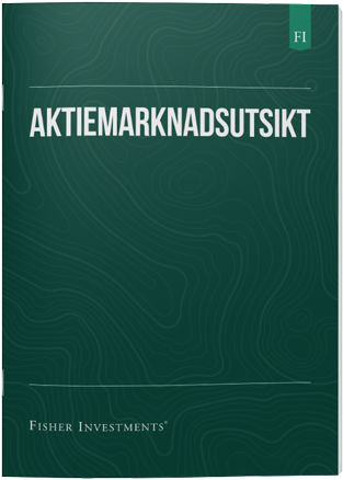 Ett mörkblått broschyromslag med titeln ”Aktiemarknadsutsikt”. Längst ner på omslaget är det en logotyp för Fisher Investments Norden.